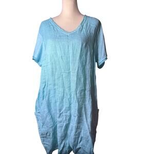GiGi Moda Perla 100% Linen Dress With Pockets, Turquoise, Medium, Made In Italy